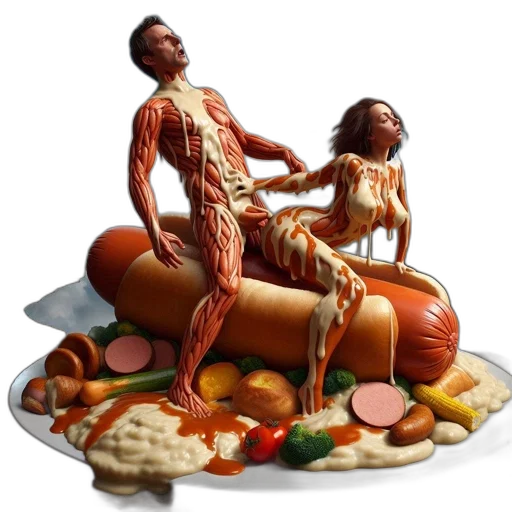 food, concept art, 3d render, two, anthropomorphic, figures, stand, plate transparent PNG cut-out