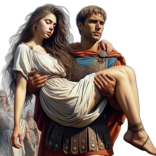 fantasy art, concept art, photorealistic, ancient, scene, man, holding, woman transparent PNG cut-out