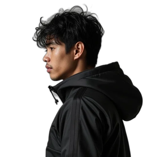 jacket, staff, face, umbrella, photorealistic, cyberpunk, 3d render, dark transparent PNG cut-out