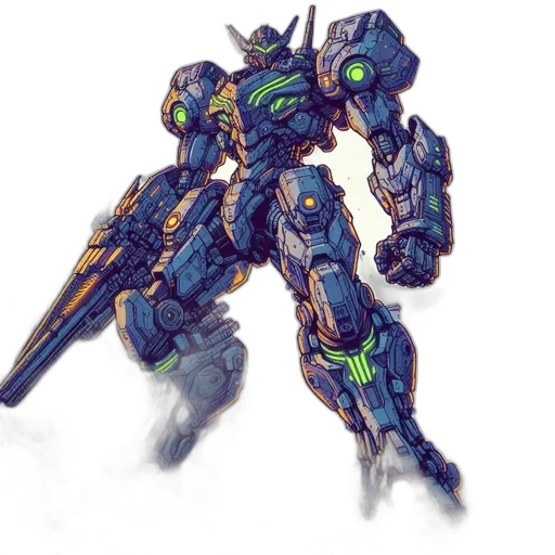 robot, weapon, sword, concept art, fantasy art, pixel art, 3d render, blue transparent PNG cut-out