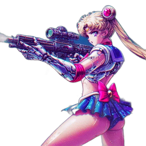 weapon, robot, cyberpunk, concept art, vaporwave, pixel art, animated, female transparent PNG cut-out