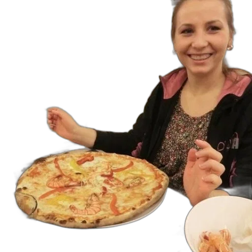 food, woman, enjoys, meal, pizza, topped, tomatoes, shrimp transparent PNG cut-out