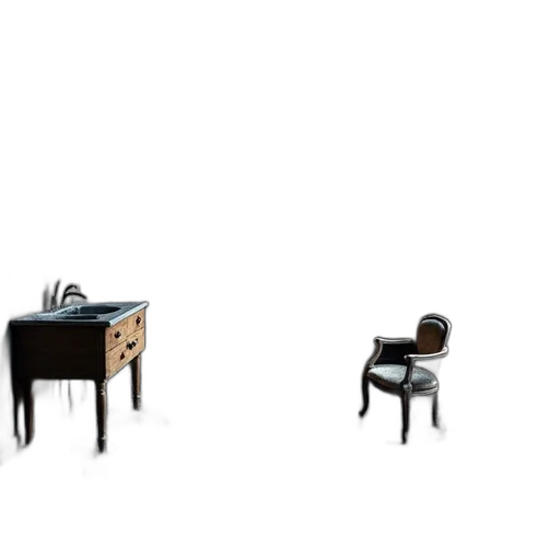 furniture, 3d render, concept art, photorealistic, pixel art, monochrome, dark, dilapidated transparent PNG cut-out