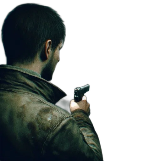jacket, weapon, face, staff, concept art, 3d render, photorealistic, cyberpunk transparent PNG cut-out