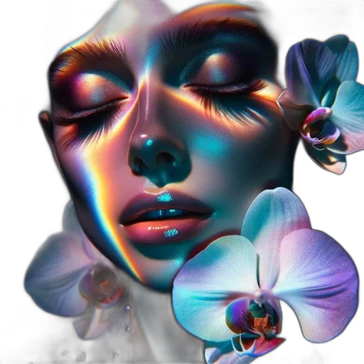 flower, face, mask, jewelry, photorealistic, 3d render, vaporwave, concept art transparent PNG cut-out
