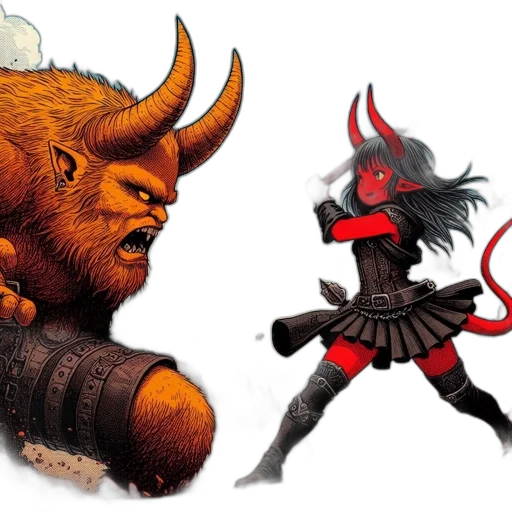 concept art, comic book art, fantasy art, red, fierce, demon, confronts, female transparent PNG cut-out