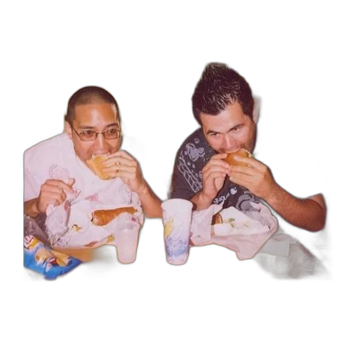 food, vaporwave, two, men, eating, burgers, restaurant transparent PNG cut-out
