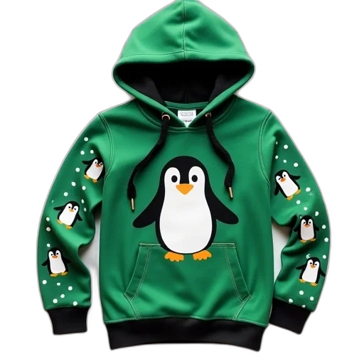 jacket, green, hoodie, penguin, graphic, front, pattern, small transparent PNG cut-out