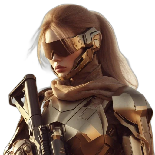 weapon, jacket, face, staff, concept art, cyberpunk, 3d render, fantasy art transparent PNG cut-out