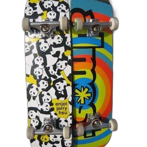 two, skateboards, one, featuring, panda, pattern, other, colorful transparent PNG cut-out