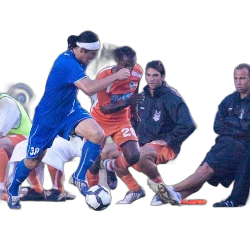 photorealistic, soccer, player, blue, kicks, ball, while, being transparent PNG cut-out