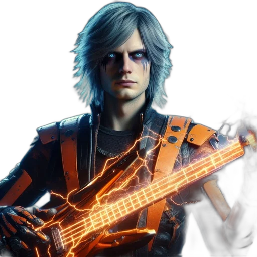 weapon, concept art, fantasy art, cyberpunk, photorealistic, silver-haired, intense, character transparent PNG cut-out