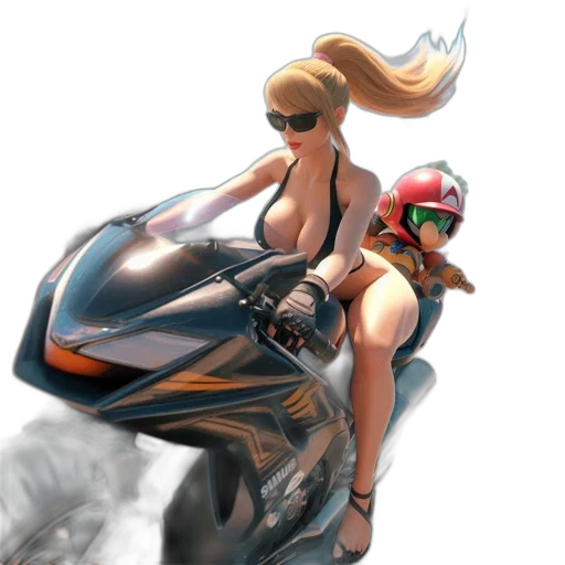 concept art, photorealistic, 3d render, comic book art, blonde, woman, rides, black transparent PNG cut-out