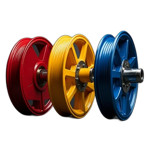 3d render, colorful, trio, three, metal, reels, red, yellow transparent PNG cut-out