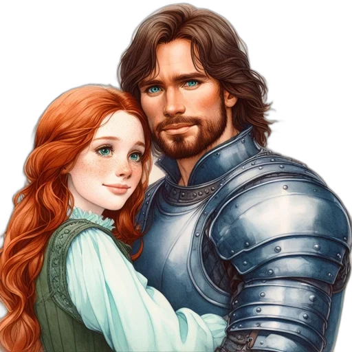 sword, fantasy art, photorealistic, watercolor, comic book art, snow, couple, stand transparent PNG cut-out
