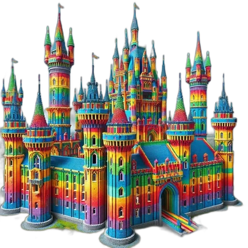 building, 3d render, concept art, pixel art, colorful, grand, multistory, castle transparent PNG cut-out