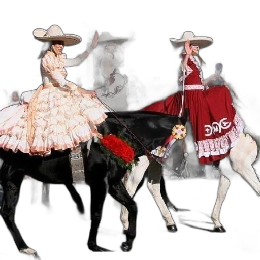 concept art, three, women, traditional, mexican, attire, ride, horses transparent PNG cut-out