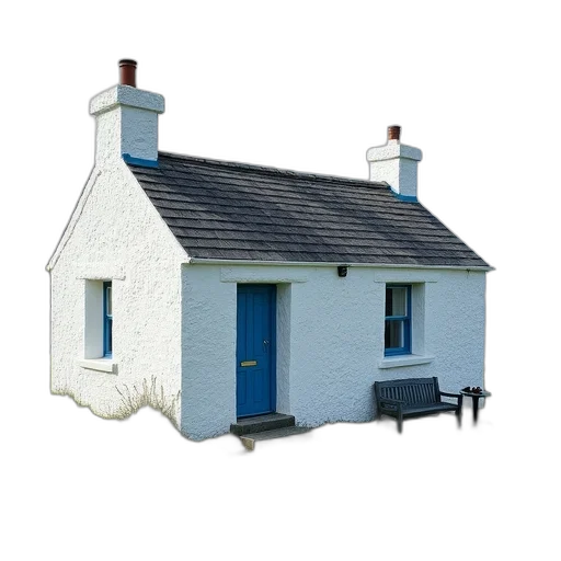 building, furniture, 3d render, photorealistic, blue, quaint, white, cottage transparent PNG cut-out