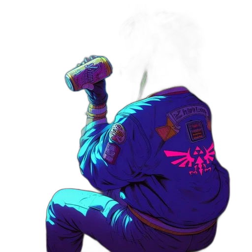 jacket, staff, mask, weapon, concept art, cyberpunk, vaporwave, pixel art transparent PNG cut-out