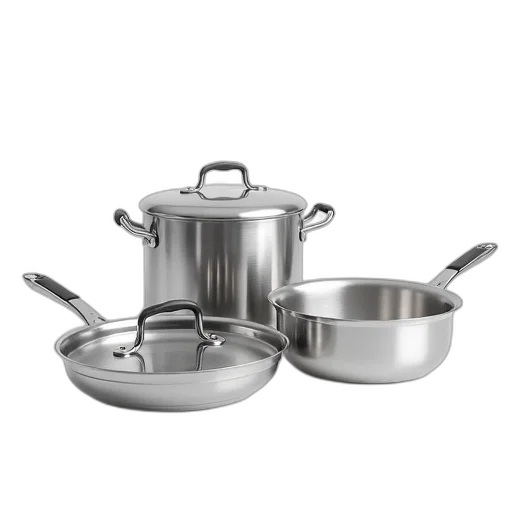 food, 3d render, photorealistic, set, stainless, steel, pots, pans transparent PNG cut-out