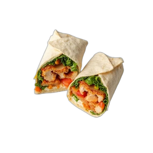 food, photorealistic, 3d render, two, halves, chicken, wrap, white transparent PNG cut-out