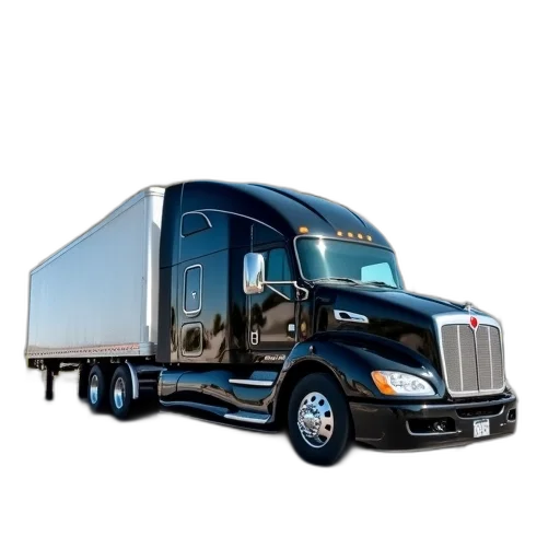 black, semi-truck, white, logo, side, parked, sunny, day transparent PNG cut-out