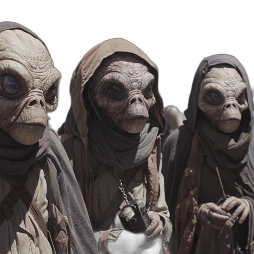 mask, staff, concept art, 3d render, outer space, three, alien-like, beings transparent PNG cut-out