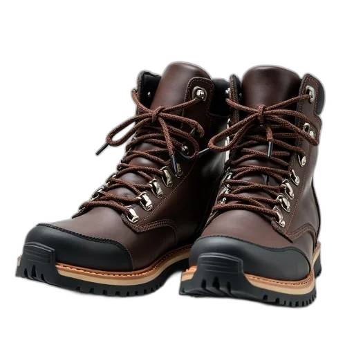 shoes, 3d render, pair, dark, brown, hiking, boots, laces transparent PNG cut-out