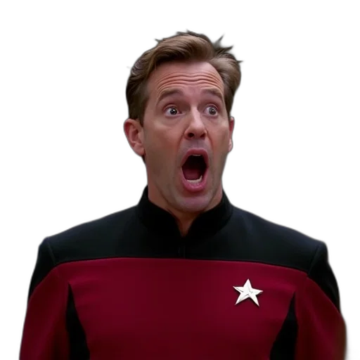face, staff, outer space, man, red, starfleet, uniform, black transparent PNG cut-out