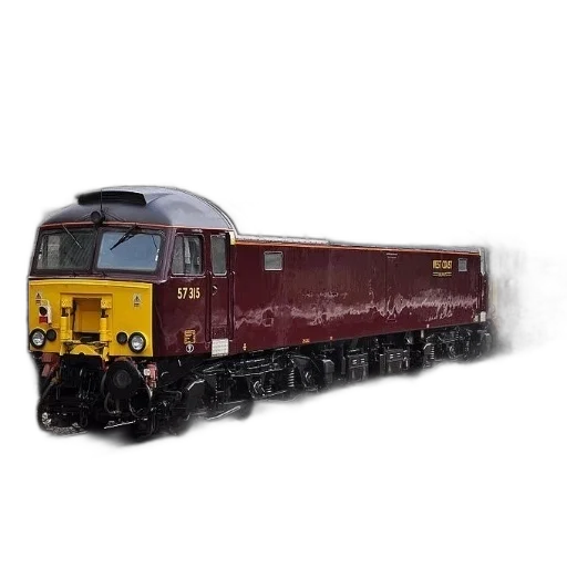 photorealistic, maroon, yellow, train, number, 57315 transparent PNG cut-out