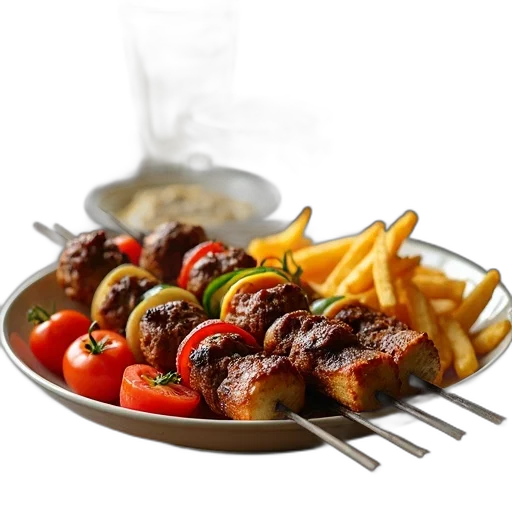 food, 3d render, photorealistic, plate, assorted, kebabs, including, meat transparent PNG cut-out