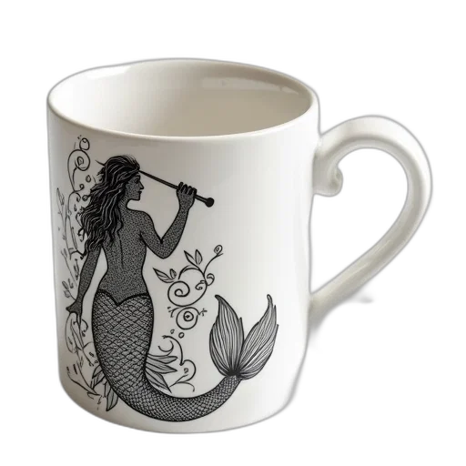 photorealistic, fantasy art, underwater, white, ceramic, mug, detailed, black transparent PNG cut-out