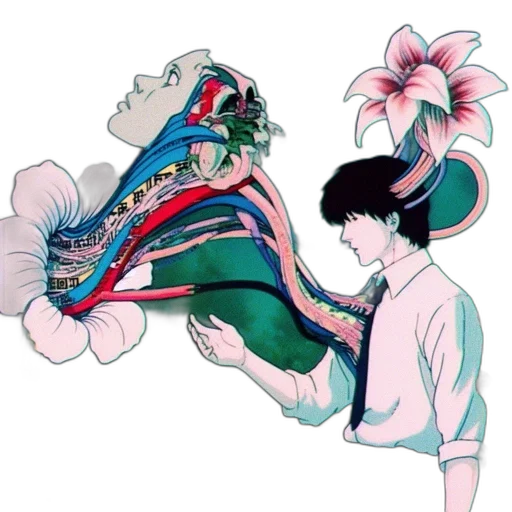 flower, mask, staff, crown, vaporwave, concept art, anime, underwater transparent PNG cut-out