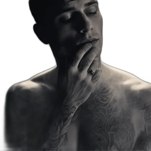 photorealistic, man, tattoos, ring, monochrome, touches, his, face transparent PNG cut-out