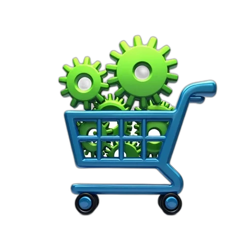 stylized, illustration, shopping, cart, filled, green, gears, has transparent PNG cut-out