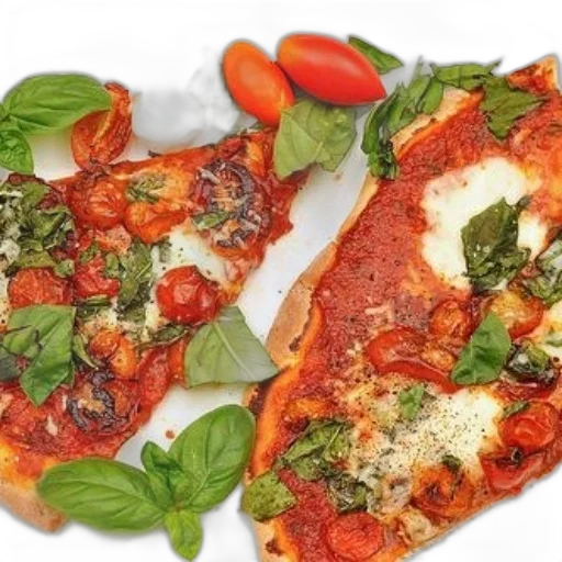 food, two, slices, margherita, pizza, garnished, fresh, basil transparent PNG cut-out