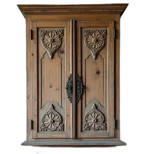 furniture, weathered, wooden, cabinet, intricate, carvings, faded, finish transparent PNG cut-out