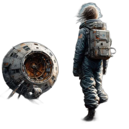 jacket, robot, concept art, pixel art, 3d render, fantasy art, outer space, monochrome transparent PNG cut-out