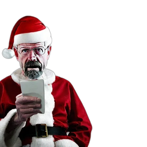 elderly, man, santa, claus, outfit, holds, smartphone, while transparent PNG cut-out