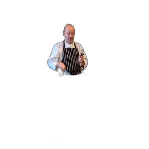 staff, food, jacket, chef, striped, apron, stands, table transparent PNG cut-out