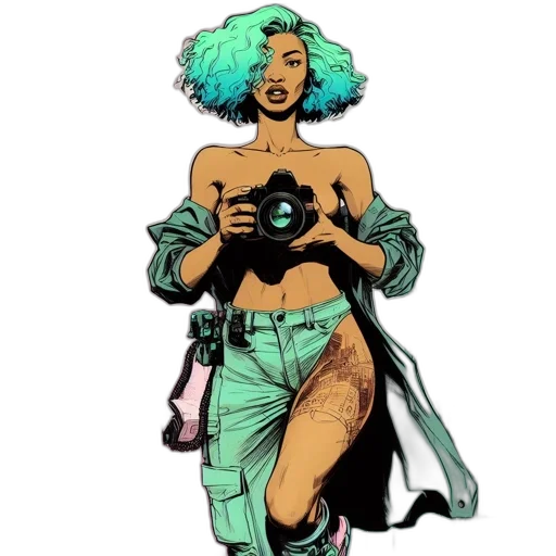comic book art, concept art, cartoon, cyberpunk, green, vibrant, woman, teal transparent PNG cut-out