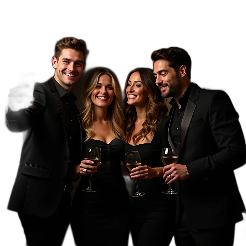 staff, group, four, friends, taking, selfie, dimly, lit transparent PNG cut-out