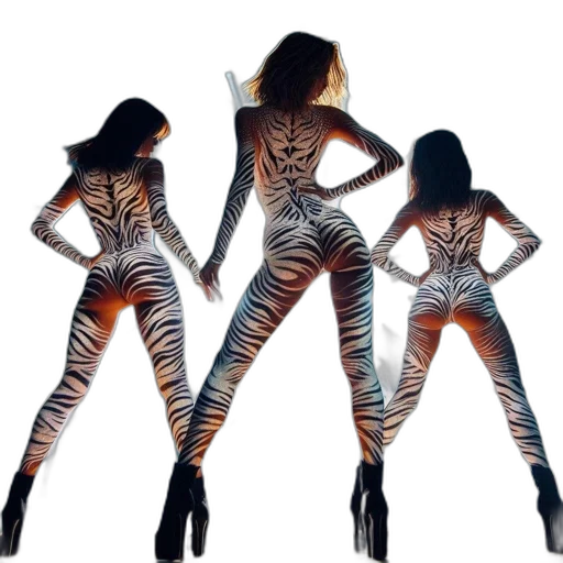 concept art, cartoon, comic book art, fantasy art, three, female, dancers, zebra-print transparent PNG cut-out