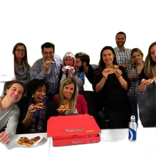 group, people, enjoying, pizza, together, front, yellow, wall transparent PNG cut-out
