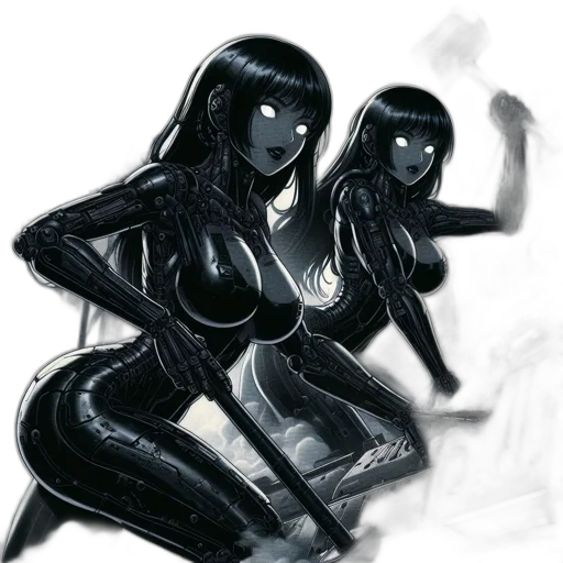 robot, comic book art, concept art, fantasy art, cartoon, neon lights, monochrome, dark transparent PNG cut-out