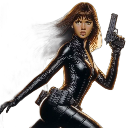 weapon, comic book art, concept art, photorealistic, fantasy art, woman, black, catsuit transparent PNG cut-out