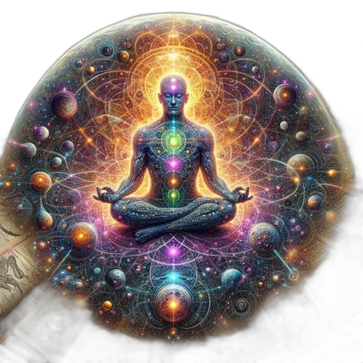 jewelry, sword, staff, concept art, outer space, meditating, figure, radiant transparent PNG cut-out