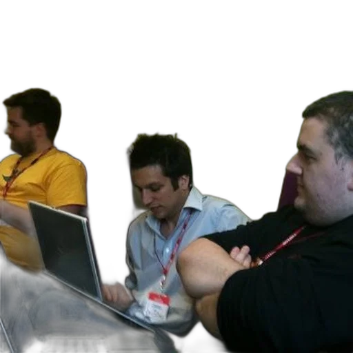 staff, 3d render, three, men, sit, couch, laptops, wearing transparent PNG cut-out