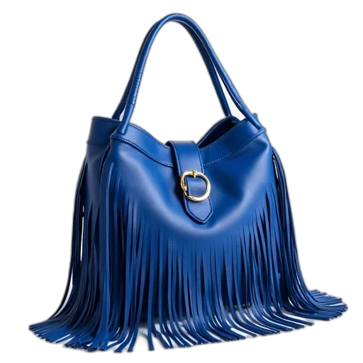 blue, handbag, fringe, detail, bottom, gold, buckle, front transparent PNG cut-out