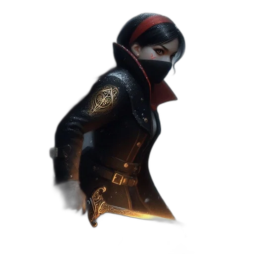 mask, jacket, staff, weapon, concept art, 3d render, fantasy art, cyberpunk transparent PNG cut-out